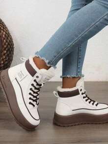 أحذية رياضية عالية الكعب مبطنة بالحرارة بطراز رجعي للنساء، أحذية كاجوال دافئة مع أربطة وحلقات معدنية