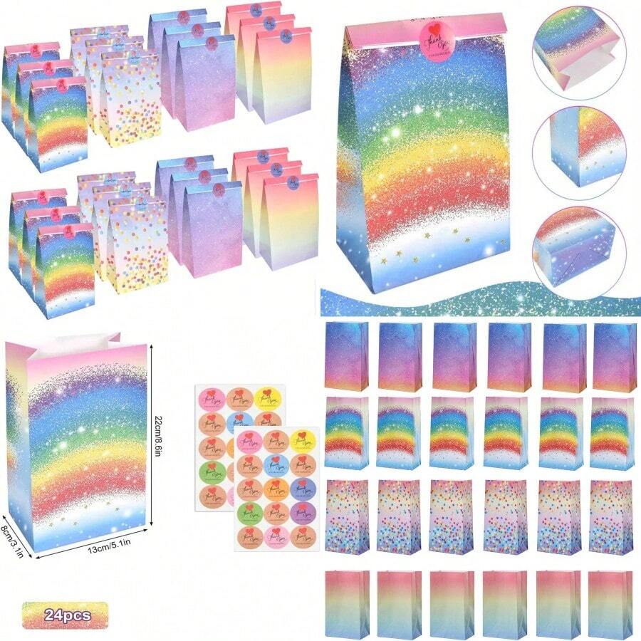 24PCS Party Gift Bag With Thank You Stickers Wrapping Gift Paper Bags For Girls Boys Birthday Bags Party Bags Wedding Favor Bags