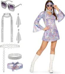 70s Disco Costume For Women, Retro Halloween Party Dress With Accessories, 1970s Dance Outfit - 紫色 - 查看 12