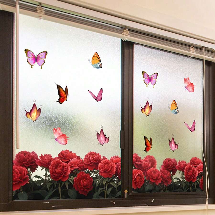 Pegatinas de flores para ventana, elegantes pegatinas electrostáticas de PVC con forma de mariposa para ventana de baño, decoración del hogar para ventanas de vidrio. - Rojo - Ver 1