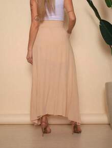 Women's Long Viscolinho Skirt With Pockets And Side Slit, Evangelical Fashion, Lined, Casual Fashion, High Waist - Màu be - Xem 3