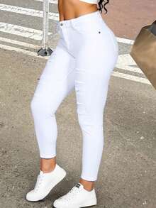 Jeans pantalon mezclilla jeans dama mujer femenino moderno juvenil casual dia noche moderno juvenil sexy trabajo tiro alto cintura alta oficina trabajo entubado skinny ajustado roturas desgastado destruido roto surprise jeans - Blanco - Ver 6