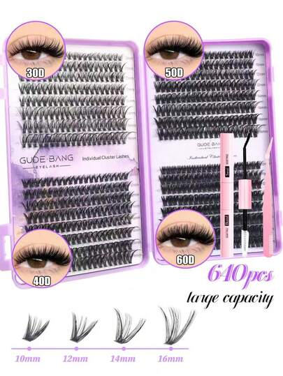 New 30D+40D+50D+60DMixed 640Pcs Lash Extension Kit, DIY Lash Extension Kit, Individual Lashes Clusters Kit D Curl Eyelash Extension Kit With Bond And Seal And Lash Applicator Tool, Lashes Kit For Daily Use, Party, Travel, Or As A Gift For Your Family And Friends
