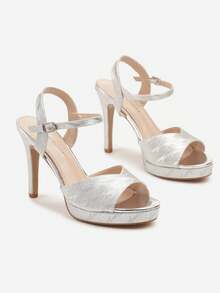 Platform High Heel Sandals With Abstract Pattern - Silver - View 5