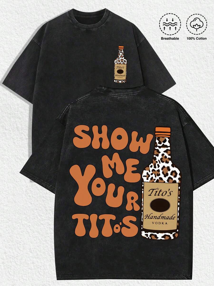 1 PCS Small Tito's Vodka Bottle Graphic (Leopard - Print), Back "SHOW ME YOUR TITOS" Lettering (Retro - Style Font) & Large Tito's Vodka Bottle Graphic (Leopard - Print), 100% Cotton Breathable Apparel Suitable For Men, Women, Vodka Enthusiasts, Streetwear Lovers, Edgy Fashion Aficionados, Party - Goers, Perfect For Casual Daily Wear, Street Style Outings, Parties, Hangouts With Friends, Music Festivals & Urban Fashion Occasions - 黑色 - 查看 1