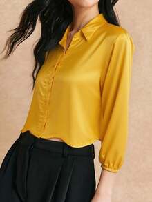 Camisa casual de mujer con cuello de solapa abotonada satinada manga larga amarilla - Amarillo - Ver 3