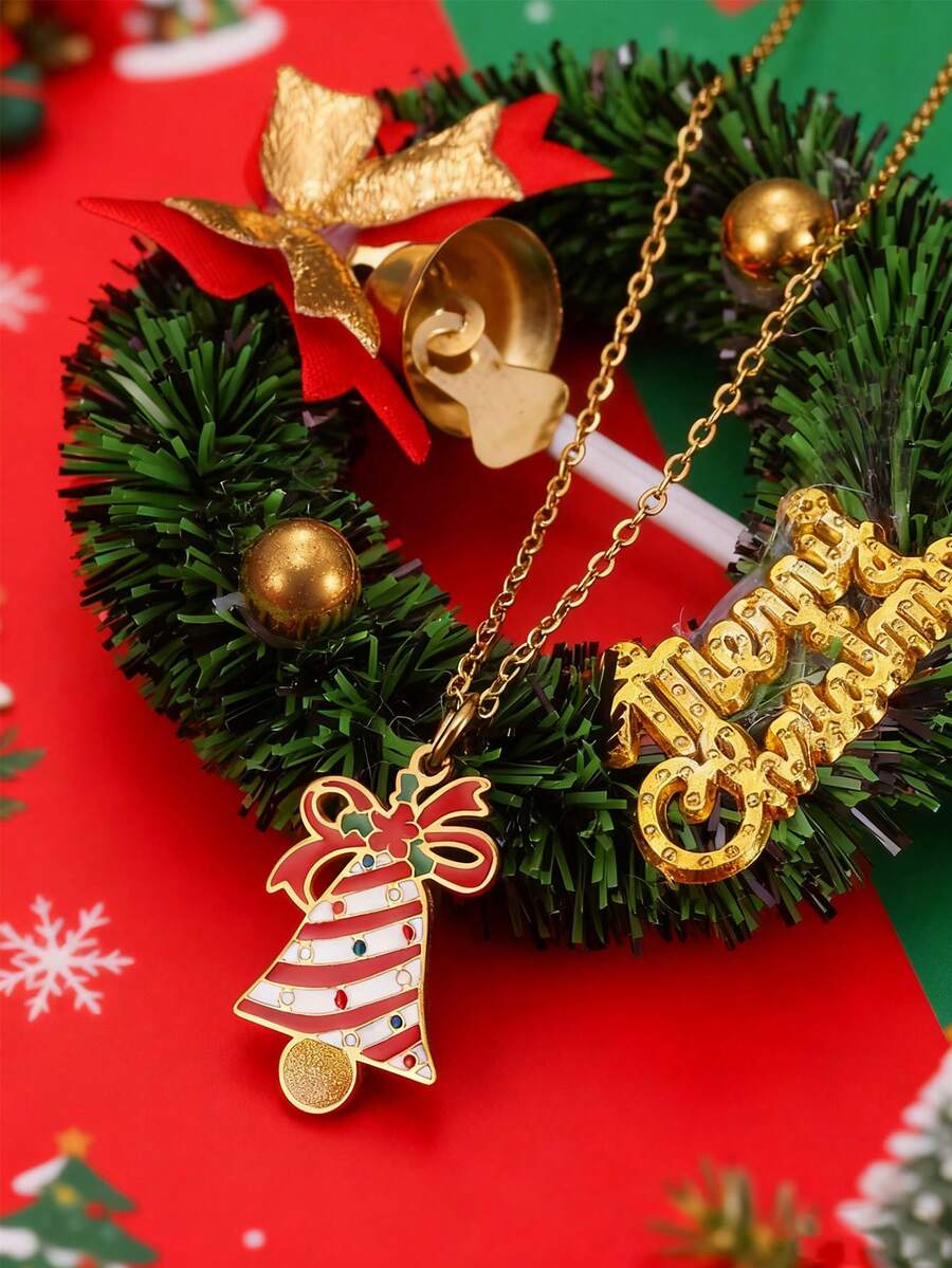 MONALLY Collar colgante de campana navideña para mujeres con decoración de corona festiva, perfecto como regalo navideño. Campana a rayas rojas y blancas con cadena dorada de acero inoxidable