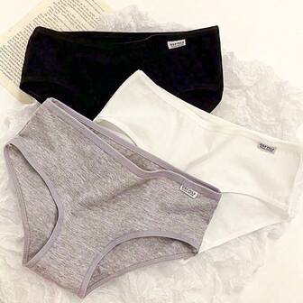 3pcs Teen Girls Solid Color Letter Print Basic Comfortable Breathable Sports Triangle Panties