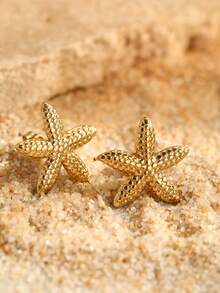 2pcs Minimalist Stainless Steel Starfish Design Earrings For Women, Suitable For Daily, Vacation, Date, Couple Gift
