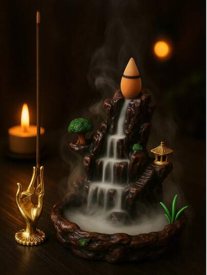 1 pieza Quemador de incienso con cascada de montaña, pagoda y árbol, soporte de aromaterapia Zen para decoración del hogar, meditación y regalo