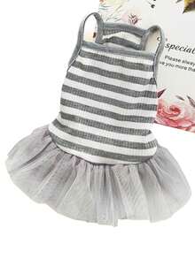 holdhoney Polyester Mesh Dress, Gray-White Striped Gauze Dress, Summer Thin, Soft And Skin-Friendly, Cat And Dog Pullover Dress, Cute And Casual, Elegant, Small Dog Clothing, Princess Strap, Spring And Autumn Tank Dress, Suitable For Cat And Dog Owners For Outdoor Travel Dressing Clothes.
