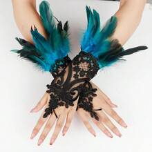 L'VOW 2Pcs Gothic Black Lace Feather Long Gloves For Women Halloween Witch Costume Swan Wristband Cuff{"Color_name":"A-Bluegreen"} - A-藍綠 - 查看 10