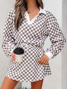 Acelitt Femeii toamna kaki carouri patchwork polo guler scurt mânecă lungă top cu șnur casual mini fustă set - Multicolor - Vizualizare 1
