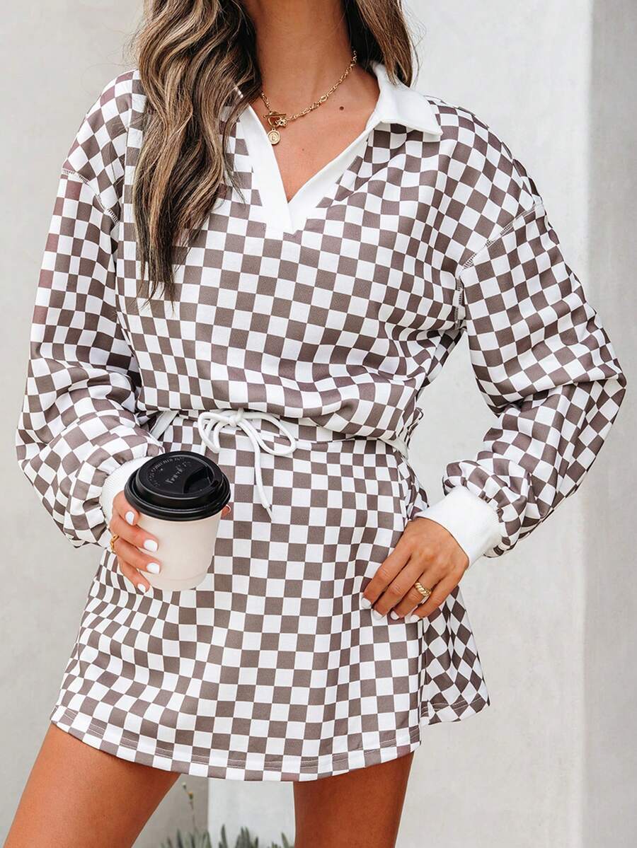 Acelitt Femeii toamna kaki carouri patchwork polo guler scurt mânecă lungă top cu șnur casual mini fustă set - Multicolor - Vizualizare 1