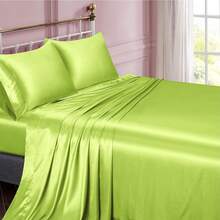 Silky Soft Pink Twin XL Satin Bed Sheets Set, 1 Deep Pocket Fitted Sheet + 1 Flat Sheet + 1 Pillowcase,  In 2025 - 青檸色 - 查看 2