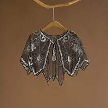 20世纪20年代复古亮片叶子刺绣披肩，复古透明闪亮斗篷披肩，优雅短款女士正式派对礼服披风