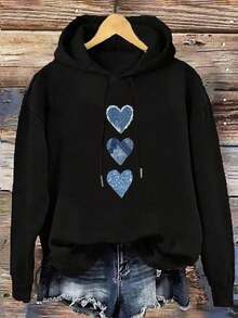 Casual Minimalist Printed Drawstring Hooded Loose Fit Thick Sweatshirt, Leopard Print Pattern, For Women, Autumn/Winter - Black 2 - 查看 11