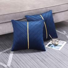 Navy Blue Velvet Throw Pillow Covers 18 X 18 Inch Pack Of 2 With Gold Leather Decor For Couch, Luxury Modern Pillowcases For Living Room, Bedroom Sofa Cushion Bed - 藏蓝色 - 查看 3
