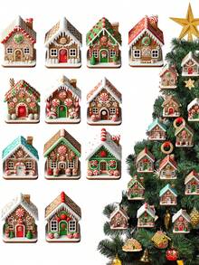 12 pièces - Ornements de maison en pain d'épices pour décoration de sapin de Noël, ornements de Noël en bois à suspendre, décorations de Noël de maison en pain d'épices à suspendre pour décorations de fêtes, décorations de sapin de Noël, décoration de maison, motifs de fêtes, décorations de maison, décoration de bureau, décoration d'arbre et décoration de fête