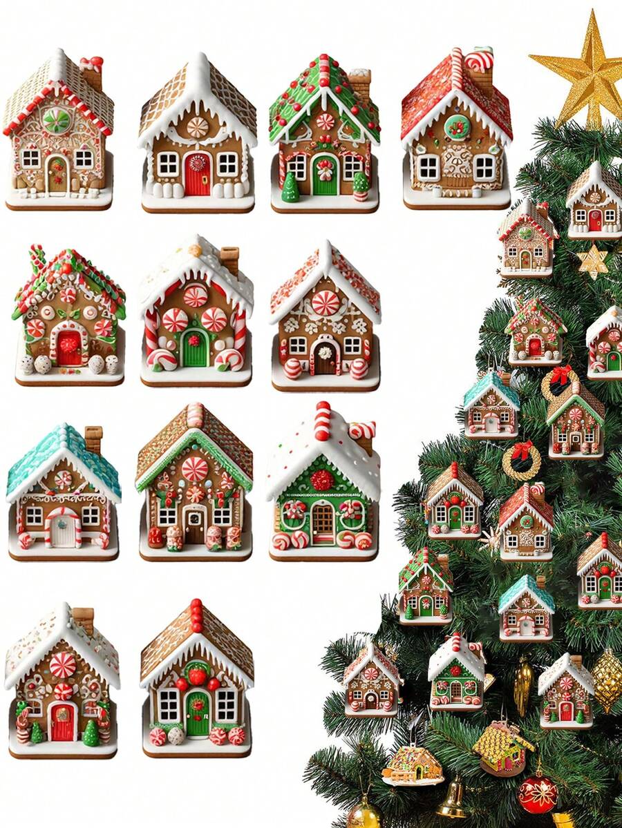 12 pièces - Ornements de maison en pain d'épices pour décoration de sapin de Noël, ornements de Noël en bois à suspendre, décorations de Noël de maison en pain d'épices à suspendre pour décorations de fêtes, décorations de sapin de Noël, décoration de maison, motifs de fêtes, décorations de maison, décoration de bureau, décoration d'arbre et décoration de fête