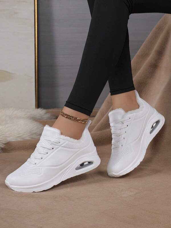 Women's Soft-Sole Cushioned Lace-Up Sneakers, Warm Fleece Lined Round Toe, Shock Absorbing, Campus Style, Casual Sports Shoes For Winter