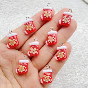 10/16pcs Elegant Resin Mini Cartoon Christmas Gingerbread Man Sock Ornaments - Necklace, Bracelet, Earrings, Keychain And Bag Accessories - With Holes For Easy Hanging, Perfect Gift Accessories - Ideal Christmas Gifts