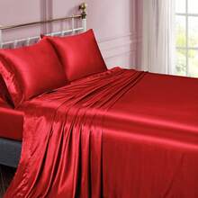 Silky Soft Pink Twin XL Satin Bed Sheets Set, 1 Deep Pocket Fitted Sheet + 1 Flat Sheet + 1 Pillowcase,  In 2025 - 紅色 - 查看 2