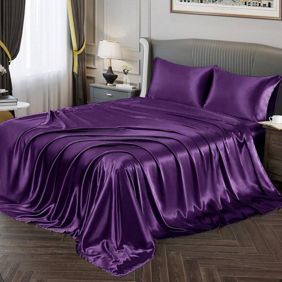 Silky Soft Pink Twin XL Satin Bed Sheets Set, 1 Deep Pocket Fitted Sheet + 1 Flat Sheet + 1 Pillowcase, In 2025 - 深紫色 - 查看 1