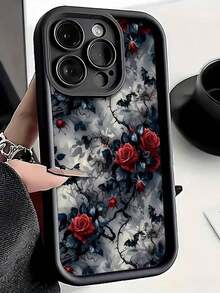 Flower 1pc Black Bat & Red Rose Pattern Full Coverage TPU Shockproof Phone Case, Suitable For IPhone17/IPhone17 Air/IPhone17 Pro/IPhone17 Pro Max/16 Pro Max/15 Pro Max/14 Pro Max/13 Pro Max/12 Pro Max/11 Pro Max, Series Waterproof Anti-Fall Scratch Resistant