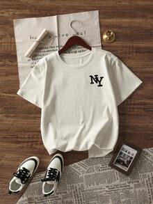 女式夏季休闲宽松字母图案印花黑色 T 恤，百搭