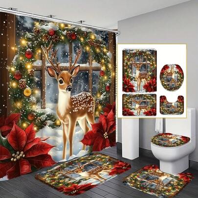 1/4pcs Perfect Christmas Elk Picture Bathroom Decoration Shower Curtain Set, 70.8x70.8 Inch Shower Curtain, Including 12 Hooks, Non-Slip Bath Mat, Toilet Seat Cover And U-Shaped Rug, Complete Modern Bathroom Decoration