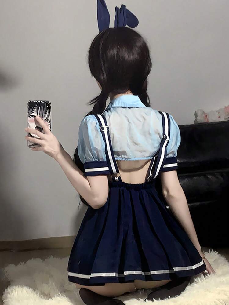 1 Set Sexy Rabbit Officer Dress, JK Pleated Suspender Skirt, Bunny Girl Campus Student Uniform Outfit - Blue - View 5