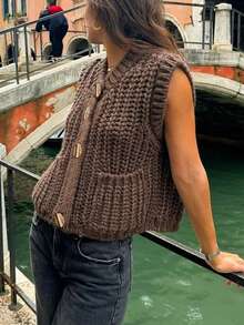 Women's Simple Button Decoration Thick Needle Sleeveless Round Neck Knitted Vest Tops Casual - Brown - View 2