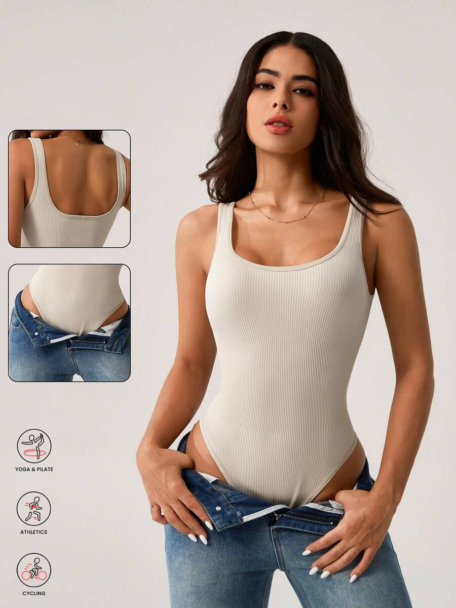 NcmRyu Women's Solid Color Seamless Ribbed Romper - Sleeveless, Comfortable Breathable Slim-Fit Jumpsuit For Yoga, Workout, Exercise & Casual Wear - trắng - Xem 1