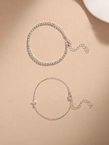 Nooxian 2 件套女士手链套装，优雅银色方晶锆石四叶草金属链和爪链多层手链套装，适合日常佩戴 - 銀色 - 查看 2