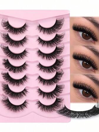 7 对人造合成纤维假睫毛，海绵状天然假睫毛，纤细狐狸眼假睫毛，0.67 英寸宽假毛，看起来像