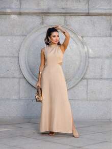 Women's Long Tailored Dress, High Neck, Side Slit, Side Opening Detail, Comfortable, With Pockets, Elegant - Màu be - Xem 4