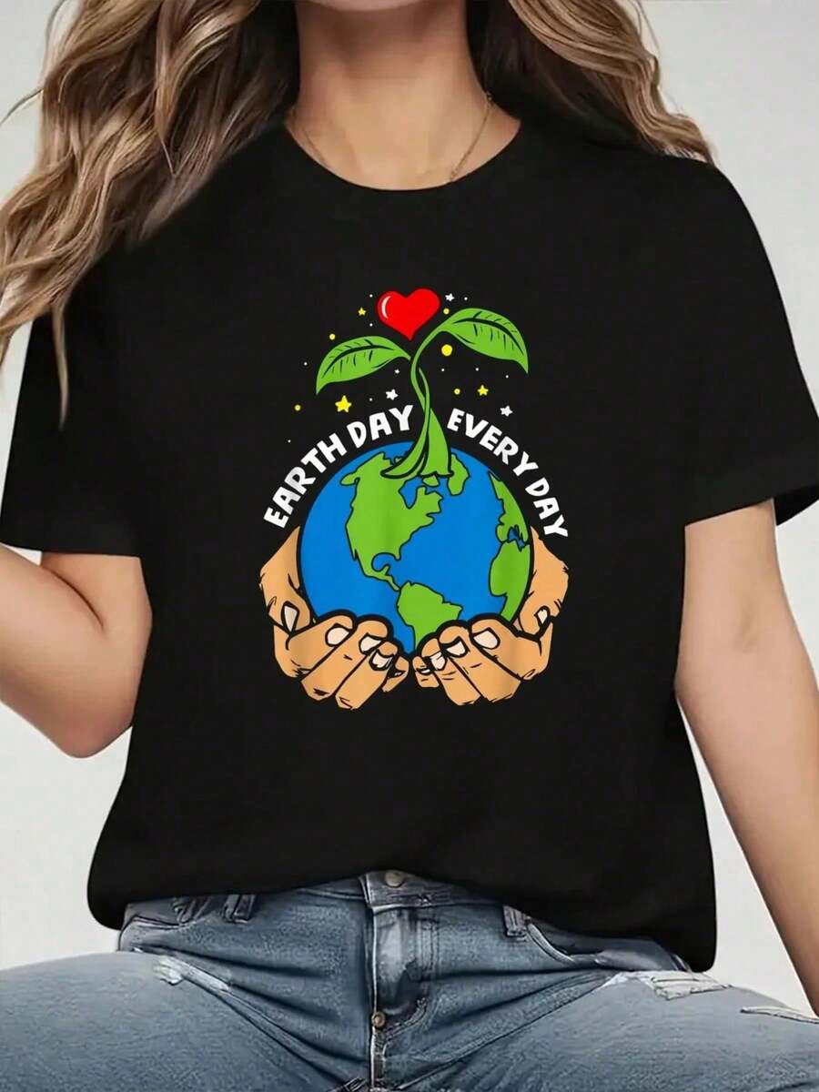 Earth Day Every Day - Climate Strike & Environmentalist Gift T-Shirt Print T-Shirt, Casual Crew Neck Short Sleeve Comfort Tee Top For Spring & Summer, Women's Clothing - 黑色 - 查看 1