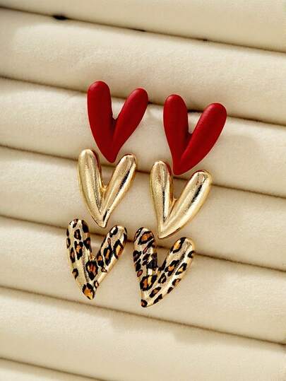 3 Pairs Of Personalized All-Match Leopard Print Heart Girls Earrings Multi-Piece Set Red Spray Paint Earrings Daily All-Match Holiday Gifts