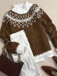女士秋冬休闲宽松费尔岛图案百数圆领长袖羊毛套头衫，女士秋季服装，女士冬季服装，秋季上衣，工作/办公室，商务休闲女装 - 棕色 - 查看 4