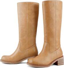 Women's Knee High Chunky Block Heel Square Toe Low Heel Boots, Style - Brown - View 4