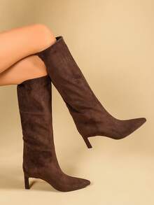 Tacones de gatito de punta fina de estilo occidental de unicolor para otoño/invierno - Marrón - Ver 3