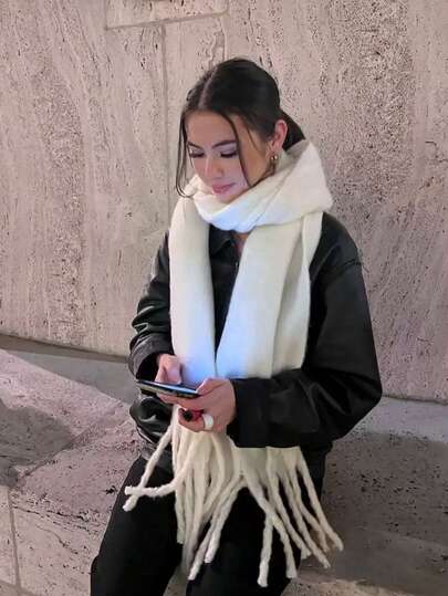 1 件装女士冬季围巾，马尾毛黑色仿羊绒披肩，加厚保暖，女士时尚纯色流苏拉绒围巾，户外女士披肩，连衣裙