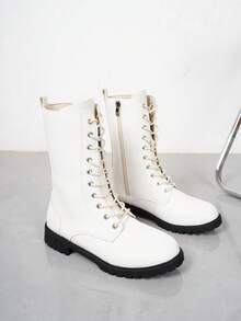Women's Fashion Versatile Hollow Lace-Up Mid-Calf Boots, Motorcycle Ankle Boots, High-Vamp Anti-Slip Boots, Casual Comfortable Side Zipper Outdoor Boots, Riding Outdoor Black Boots, Autumn/Winter Boots, Outdoor Boots, Over-The-Knee Boots - White - View 6