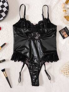 New PU Leather & Lace Splice Crotch Open Split Sexy Seamless Bodysuit Lingerie - Black - View 8