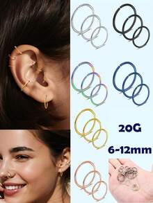 8Pcs Stainless Steel Hoop Nose Ring Cartilage Earrings Set For Women And Men Dia 6-12mm