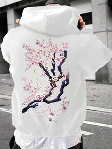 Men's Casual Cherry Blossom Print Hoodie With Pockets, Autumn/Winter  Loose Fit American Retro Sports Casual Street Hip-Hop Printed Drawstring Hoodie Pocket Design Couple Set Unisex - trắng - Xem 7