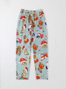 3 件套女孩和青少年休闲卡通圣诞小狗印花翻领长袖开衫和短裤和长裤睡衣套装，阻燃，适合所有季节和圣诞节 - 綠色 - 查看 7