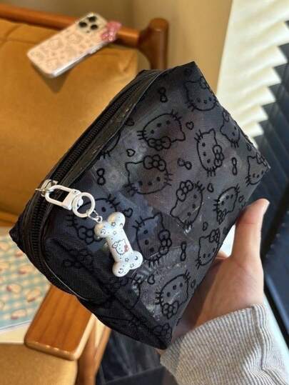 Sanrio 1pc Sanrio Cute Hello Kitty Mesh Makeup Pouch, Daily Portable Bag For Going Out, Cable And Miscellaneous Storage, Small Handheld Pouch. Can Be Used To Store Stationery Or Other Small Items (Does Not Include Bone Pendant).
