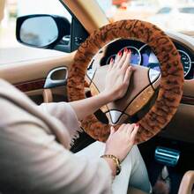 Fuzzy Car Steering Wheel Cover, Universal Fit Fur Auto Wheel Cover & Handbrake Cover & Gear Shift Cover Set, Leopard Warm Fluffy Vehicle Wheel Protector Car Accessories For Men Women (Brown) - 深棕色/豹紋 - 查看 8